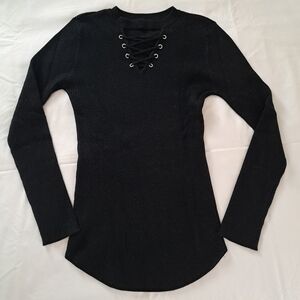 Black Lace-Up Ribbed Women's Top